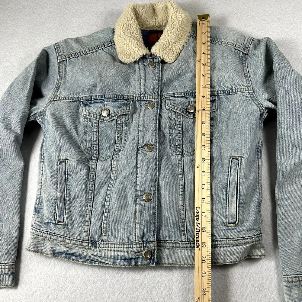 American Eagle‎ Jean Jacket Womens XS Denim Sherpa Lining Pockets Rivet Buttons